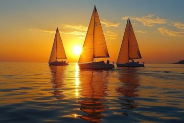 Wall Mural - Sailboats Navigating Calm Waters at Sunset