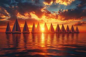 Wall Mural - Sailboats at Sunset with Dramatic Sky and Glowing Water