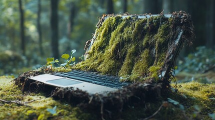 an old laptop thrown away in a forest overgrown with moss