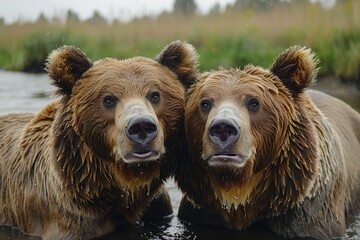 Wall Mural - Two Brown Bears with Wet Fur Facing the Camera