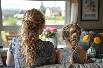 Two girls with blonde hair sitting on a couch and looking out a window