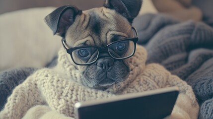 A dog in a cozy sweater, wearing glasses and browsing an iPad.