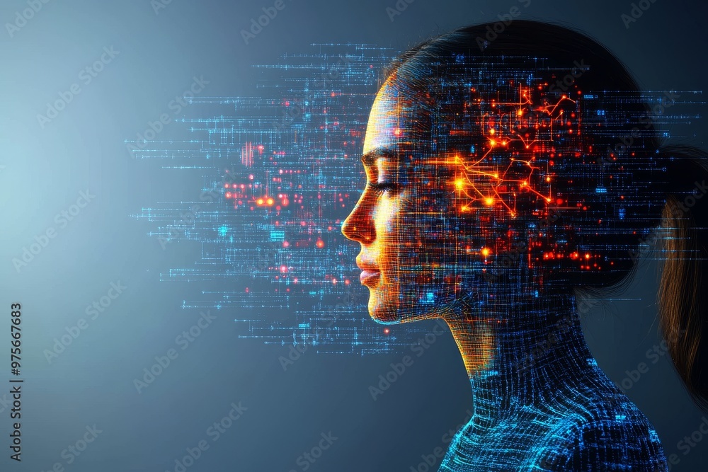 Side profile of a woman with digital red and blue code patterns ...