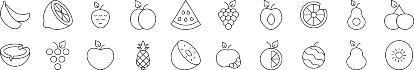 Watermelon, Coconut, Grape and Other Fruits Line Icon Pack. Editable Stroke. Minimalistic Linear Pictogram for Design of Cards, Apps, Banners, Posts