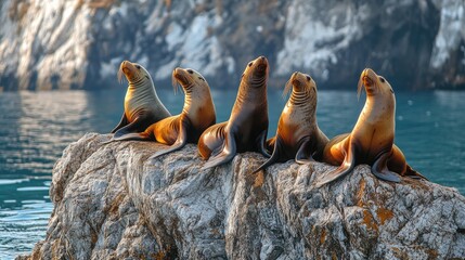 A group of playful sea lions basking in the sun on a rock.