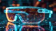 © Waraporn - Closeup view of a futuristic transparent smart glass interface device displaying glowing data and wireframe polygon network  This high tech concept represents the future of computing virtual reality