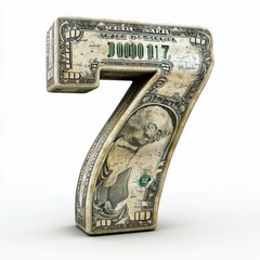 3D number 7 with dollar texture realistic modern design, soft lighting, white background. 