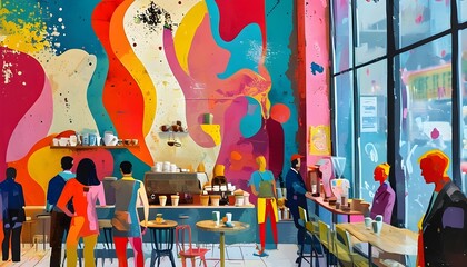 Wall Mural - Energetic Coffee Shop Scene Featuring Abstract Figures and Vibrant Pop Art Aesthetic