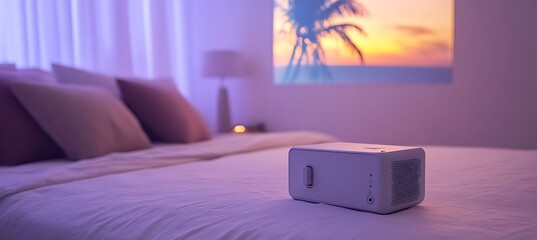 A compact, portable projector displaying an image on a wall