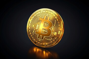 A glowing golden Bitcoin coin on a dark background, symbolizing virtual currency and digital finance.