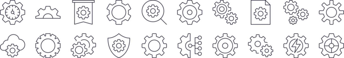Wall Mural - gear line icon pack. editable stroke. minimalistic linear pictogram for design of cards, apps, banne