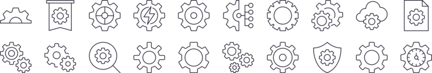 Wall Mural - collection of line icons of gear. editable stroke. minimalistic linear pictogram for design of cards