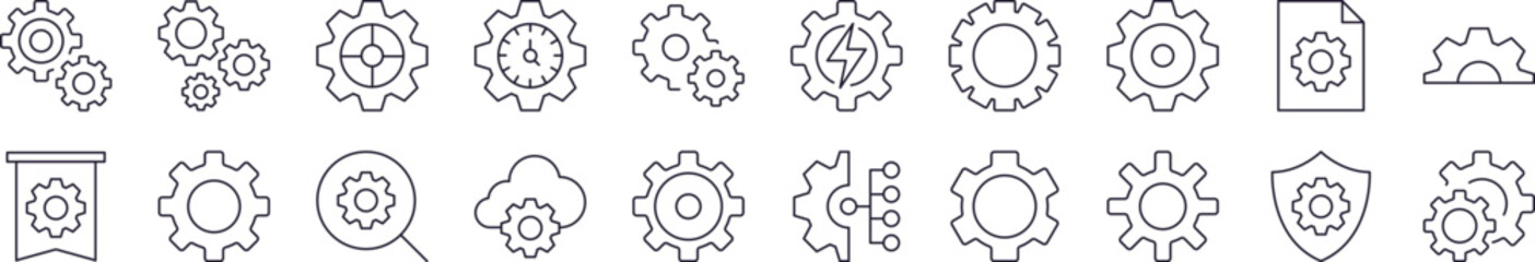 Wall Mural - gear line icon set. editable stroke. minimalistic linear pictogram for design of cards, apps, banner
