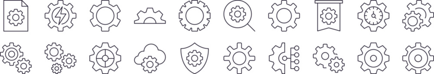 Wall Mural - bundle of line icons of gear. editable stroke. minimalistic linear pictogram for design of cards, ap