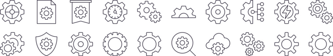 Wall Mural - pack of line icons of gear. editable stroke. minimalistic linear pictogram for design of cards, apps