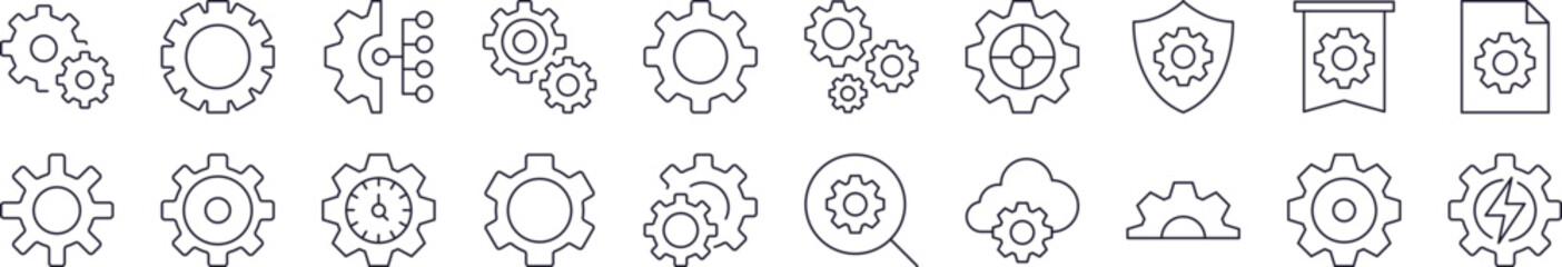 gear outline web line icons collection. editable stroke. minimalistic linear pictogram for design of