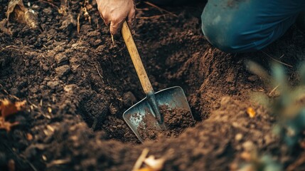 A person using a shovel to dig a hole to bury a dead animal.