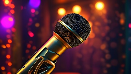 Nostalgic neon microphone illuminated on stage, celebrating the golden era of music in a vibrant retro karaoke night live performance