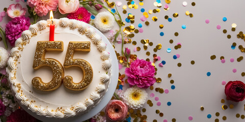 Sticker - Delicious festive sweet cake with candle number 55, elegant flowers