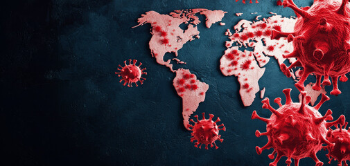 Global map illustrating spread of Mpox with virus particles striking visual representation