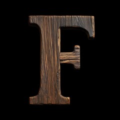 Wooden Letter 'F', Rustic Wood Alphabet 'F' Typography Isolated on Black Background