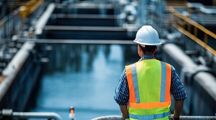 A person wearing a hard hat and safety vest inspecting a wastewater treatment plant.