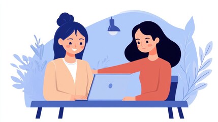 Wall Mural - Two women sitting at a table with one using her laptop, AI