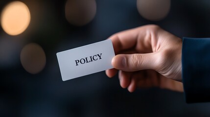 Hand holding a business card with the word 'policy' on a blurred dark background, symbolizing professional regulation and guidance.