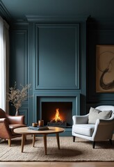 Poster - Art deco interior design of modern living room, home with fireplace and dark blue wall