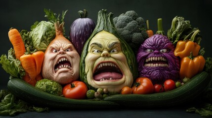 Canvas Print - A bunch of vegetables with faces on them are arranged in a bowl, AI