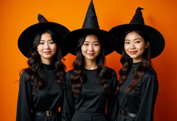 Halloween orange background with three asian american females in witch costumes 