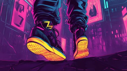 Wall Mural - Close-up of sneakers with a glowing neon city in the background.