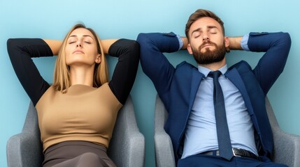 Poster - A man and woman sitting in chairs with their heads on the arms, AI