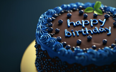 Happy birthday chocolate cake adorned with blue frosting and fresh blueberries