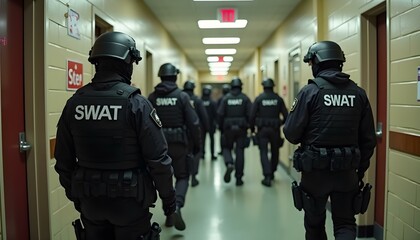 Swat team officers inside a school