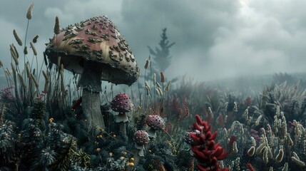 Enchanted Forest: A Mystical Landscape with Mushrooms and Fog