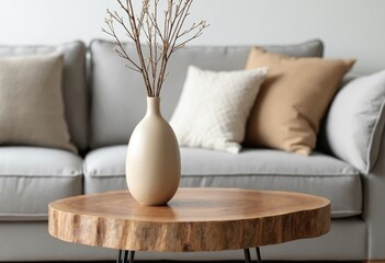 Poster - Close up of beige ceramic vase with twigs on rustic live edge accent coffee table against grey sofa with fabric pillows. home interior design of modern living room