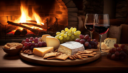 Wall Mural -  Cheese platter with wine, set in front of a cozy fireplace for a warm, inviting scene._1(244)