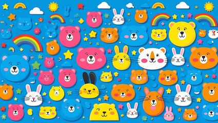 Cute and colorful cartoon animal faces with cheerful expressions, perfect for greeting cards, posters, or kids' decor. Suitable for fun and lively themes.