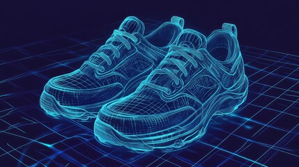 A pair of blue, wireframe sneakers on a digital grid.