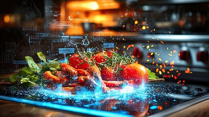 Wall Mural - a computer generated image of a plate of food with a blue background