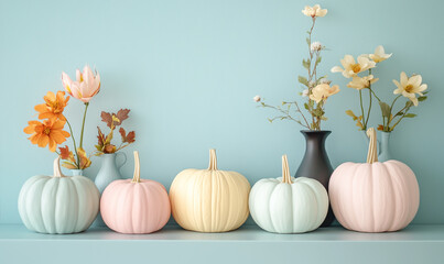 Minimal trendy thanksgiving halloween background, banner with pastel pumpkins with copy space. Autumn holidays decoration arrangement with pastel pumpkins and flowers.