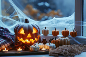 Wall Mural - A cozy Halloween composition arranged on a windowsill, exuding warmth and comfort