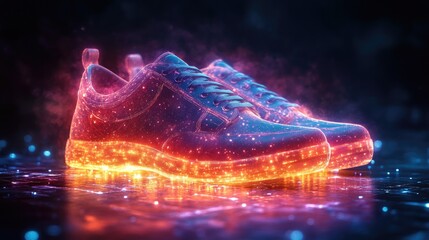 Wall Mural - a pair of glowing sneakers, lit from below with red and blue light.