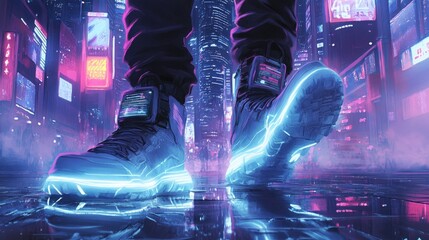 Wall Mural - Futuristic cyberpunk city street scene with glowing shoes.