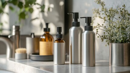 Wall Mural - Organic haircare products in sleek aluminum bottles, elegantly arranged on a bathroom counter, illuminated by soft natural light, highlighting their eco-friendly appeal.