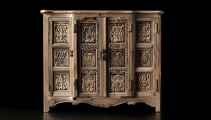 Wall Mural - Intricately Carved Antique Wooden Cabinet with Two Doors on Black Background