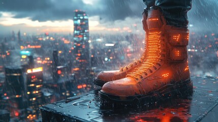 Wall Mural - Futuristic boots with glowing lights stand on rooftop overlooking a futuristic cityscape under a stormy sky.