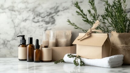 Wall Mural - Eco-friendly beauty essentials in sustainable packaging, elegantly arranged on a sleek marble surface, inviting a fresh and clean aesthetic for modern lifestyles.