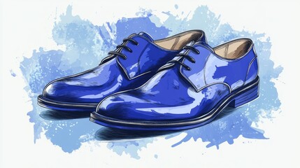 A pair of blue dress shoes with laces, drawn in a watercolor style on a white background.